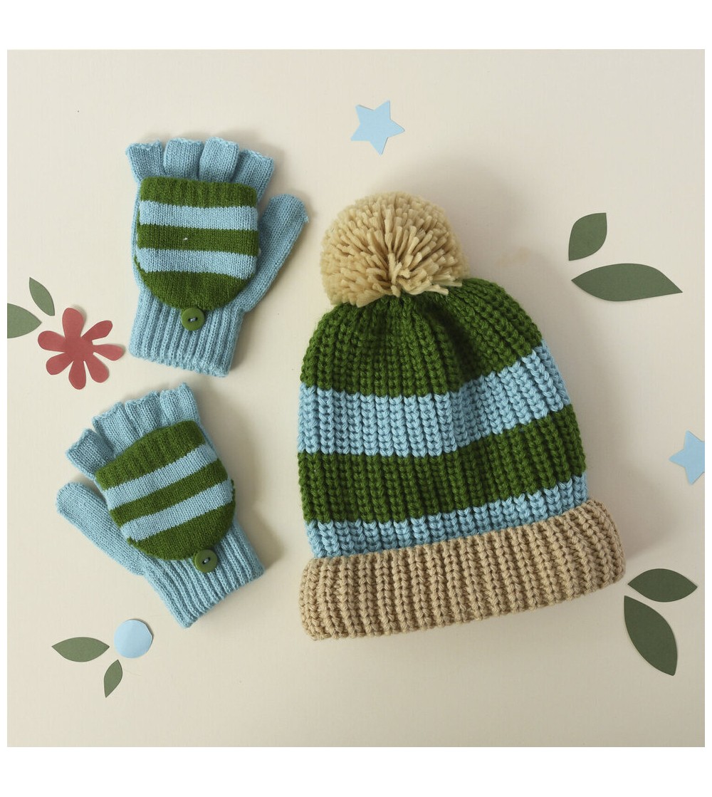 Cosy Striped Knitted Gloves Green 7-10 años rockahula kids