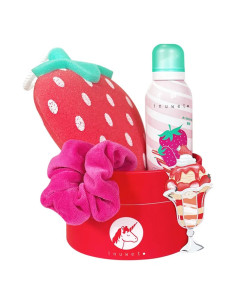 SET DE BAÑO SWEET PINK - espuma de ducha fresa, esponja, scrunchie y sticker 2