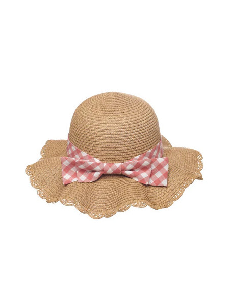 Sombrero de paja con lazo y borde festoneado de cuadros vichy